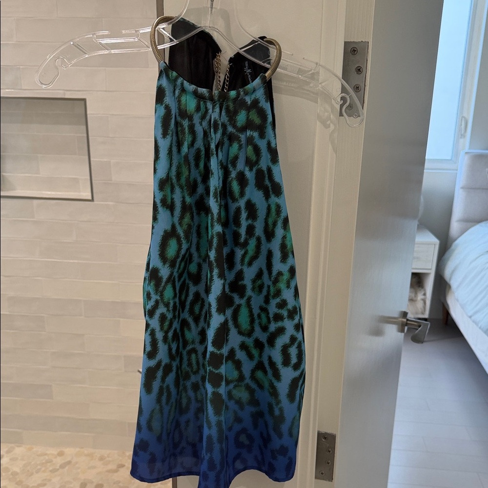 Guess by Marciano Blue Leopard Print Top w Gold Chain Necklace